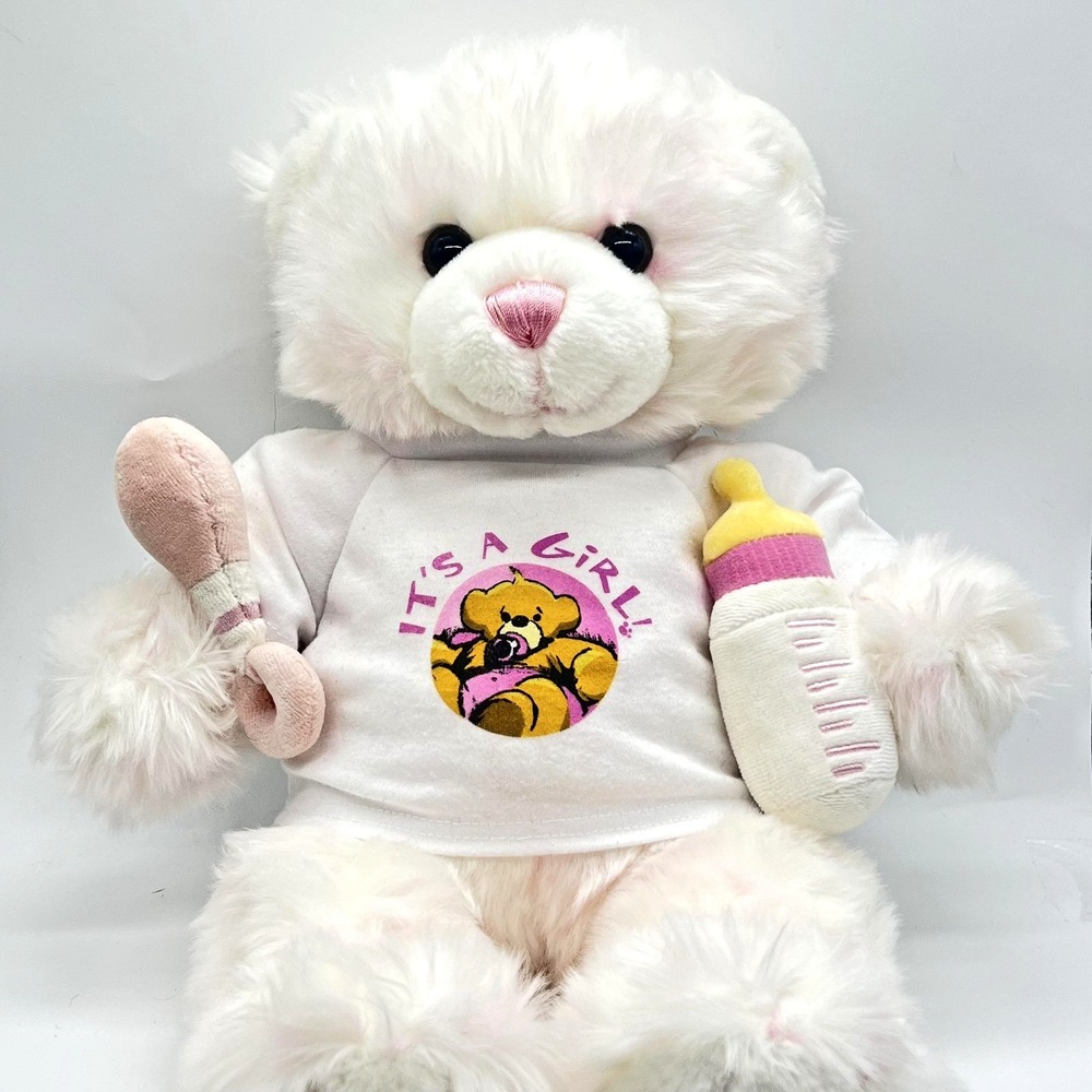 Vintage Build-A-Bear Plush‎ It's A Girl Shirt White And Pink Fur Bottle & Rattle